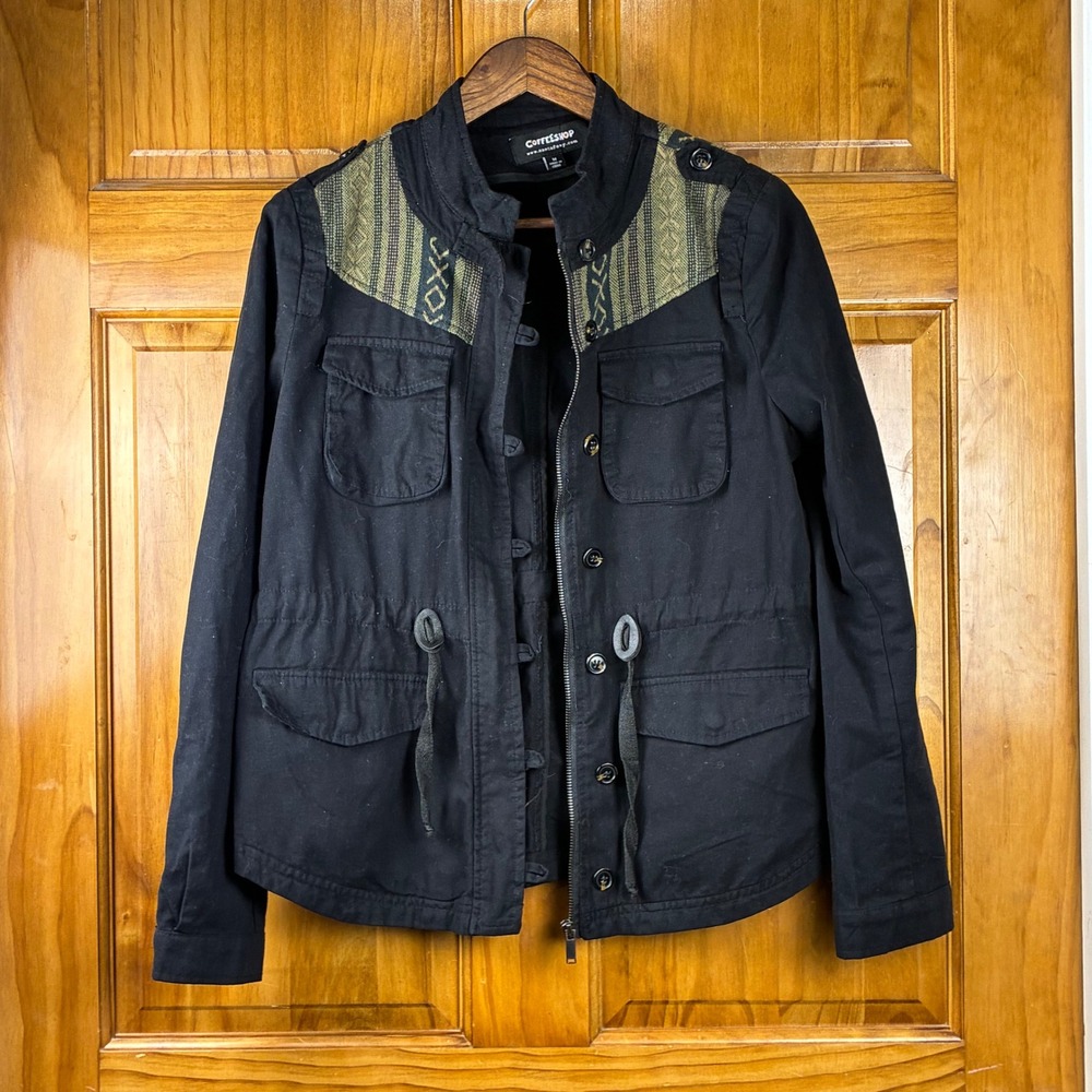 Coffeeshop Black Utility Jacket Sz M Woven Tribal Yoke Boho Drawstring Waist